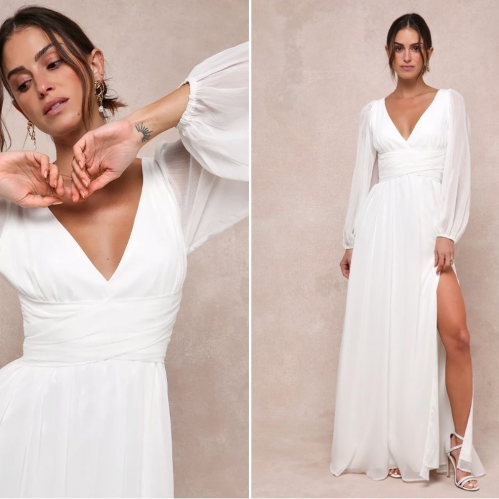LULU's Bridal Wedding Romantic Flowy Boho Chiffon Long Sleeve Dress NWOT